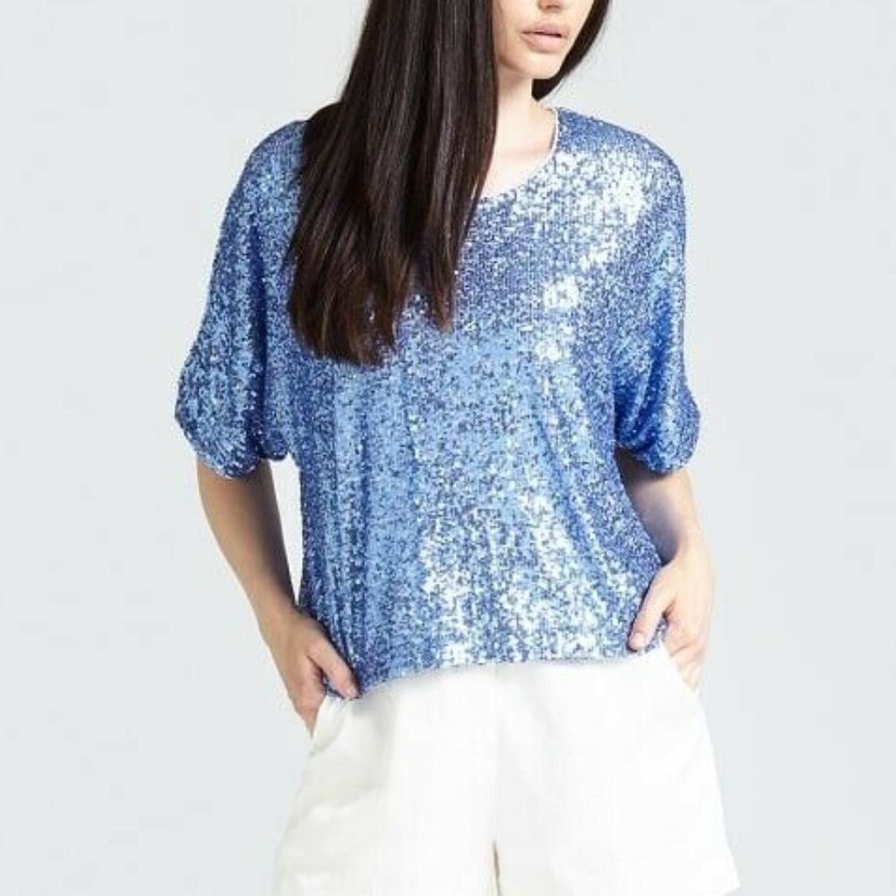 New Guess by Marciano Blue Sequins Short Sleeve Oversize Blouse Top M